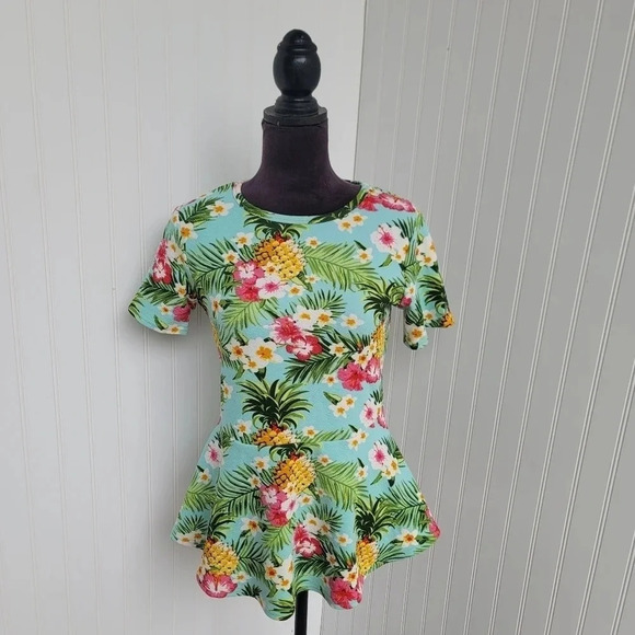Doublju Womens Pineapple Floral Blue Floral Short Sleeve Shirt Peplum Stretch XL - Picture 1 of 10